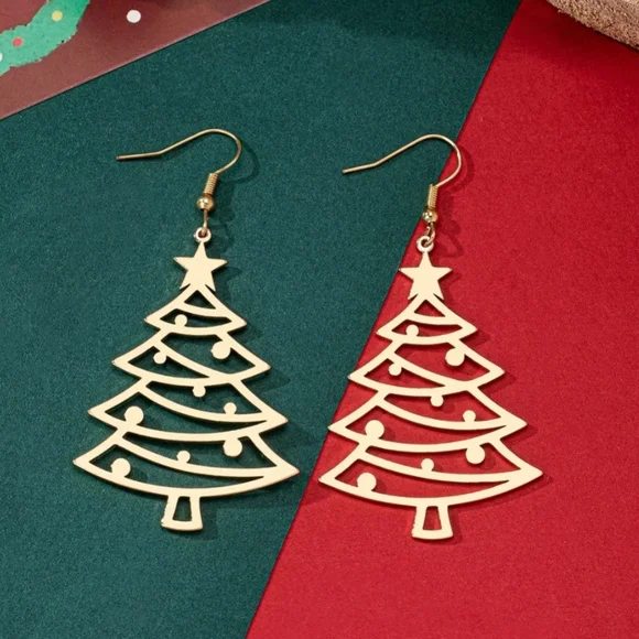 Gold Christmas Tree Earrings Holiday Festive - Picture 5 of 10
